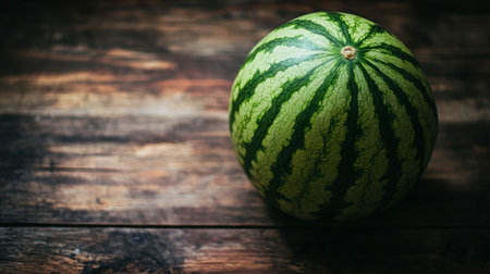 An artistic shot of watermelon skin, showcasing its bright green exterior and striped patterns, lying on a wooden table.の素材