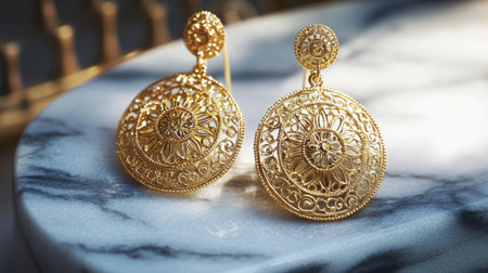 Intricate gold filigree earrings on a marble slab, showcasing delicate craftsmanship.の素材