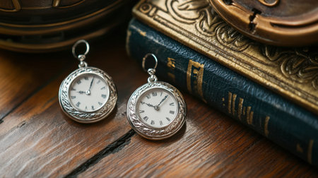 Silver hoop earrings placed next to a vintage pocket watch, creating a timeless aesthetic.の素材