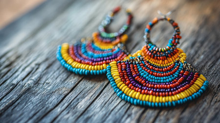 Colorful bohemian-style beaded earrings lying on a rustic wooden table.の素材