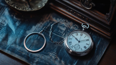 Silver hoop earrings placed next to a vintage pocket watch, creating a timeless aesthetic.の素材
