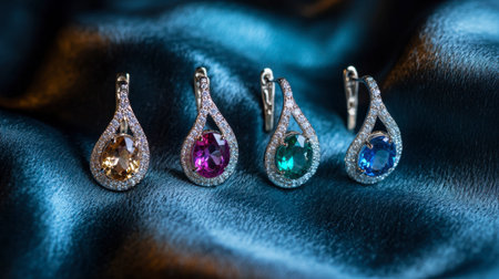Colorful gemstone earrings displayed on a soft velvet background.の素材