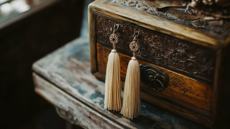 Long tassel earrings resting on a vintage jewelry box, creating a chic bohemian vibe.の素材
