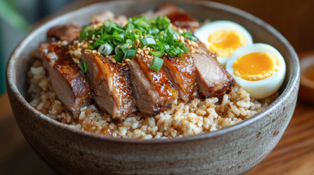 Pork leg rice served in a rustic bowl, topped with succulent pork, fragrant jasmine rice, and perfectly boiled eggs.の素材