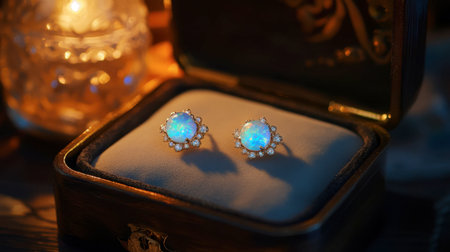 Opal earrings glowing under soft lighting, resting on a luxurious jewelry box.の素材