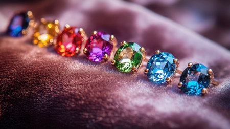 Colorful gemstone earrings displayed on a soft velvet background.の素材