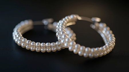 Pearl hoop earrings arranged on a sleek, black background, contrasting with their soft glow.の素材
