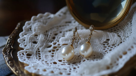 Pearl drop earrings gently resting on a lace doily for a vintage aesthetic.の素材