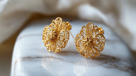 Intricate gold filigree earrings on a marble slab, showcasing delicate craftsmanship.の素材