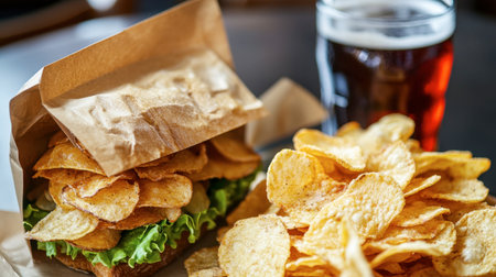 A bag of potato chips opened next to a sandwich and soda in a casual lunch setup.の素材