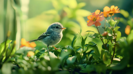 A beautiful image of a little bird exploring a blooming garden, capturing its curiosity and beauty.の素材