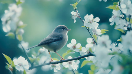 A beautiful image of a little bird exploring a blooming garden, capturing its curiosity and beauty.の素材