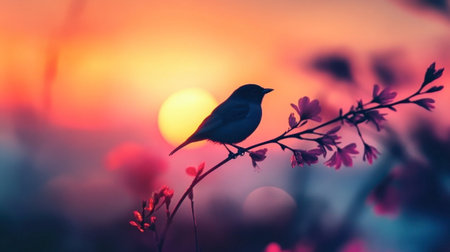 A beautiful little bird silhouetted against a colorful sunset, capturing the magic of twilight.の素材