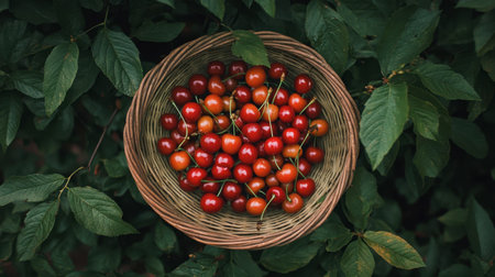 A basket filled with ripe red cherries, surrounded by green leaves.の素材