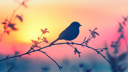 A beautiful little bird silhouetted against a colorful sunset, capturing the magic of twilight.の素材