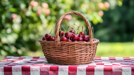 A basket of freshly harvested cherries sitting on a checkered tablecloth outdoors.の素材