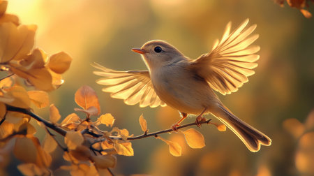 A beautiful little bird taking flight from a branch, its wings gracefully spread in a display of elegance.の素材