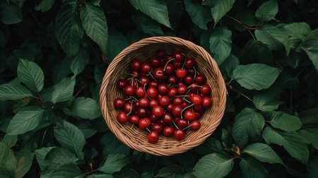 A basket filled with ripe red cherries, surrounded by green leaves.の素材