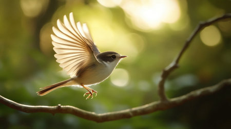 A beautiful little bird taking flight from a branch, its wings gracefully spread in a display of elegance.の素材