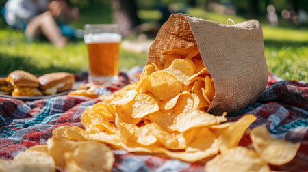 A bag of potato chips spilling onto a picnic blanket, surrounded by drinks and sandwiches.の素材