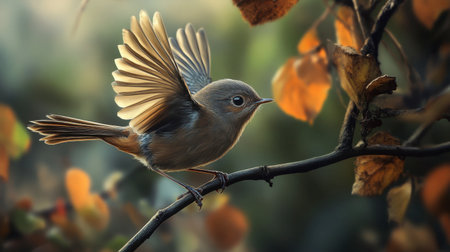 A beautiful little bird taking flight from a branch, its wings gracefully spread in a display of elegance.の素材