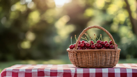 A basket of freshly harvested cherries sitting on a checkered tablecloth outdoors.の素材