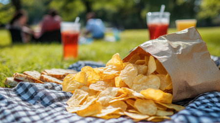 A bag of potato chips spilling onto a picnic blanket, surrounded by drinks and sandwiches.の素材