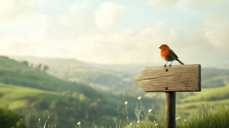 A beautiful little bird perched on a wooden signpost, with a scenic landscape of rolling hills in the background.の素材