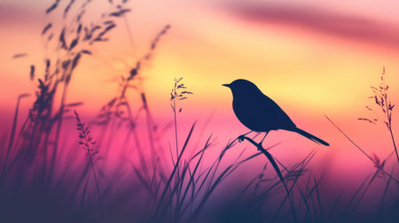 A beautiful little bird silhouetted against a colorful sunset, capturing the magic of twilight.の素材