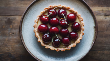 A beautifully plated cherry tart with whole red cherries on top.の素材
