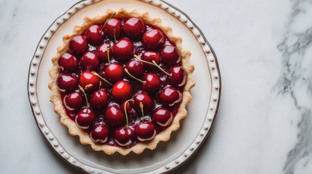 A beautifully plated cherry tart with whole red cherries on top.の素材