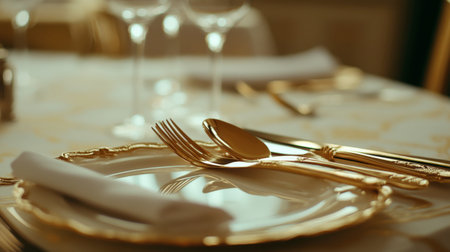 A beautifully arranged cutlery set with a gold spoon and fork resting on a fancy dining table.の素材
