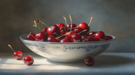 A bowl of fresh red cherries glistening under natural light, ready to be eaten.の素材