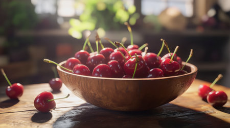 A bowl of fresh red cherries glistening under natural light, ready to be eaten.の素材
