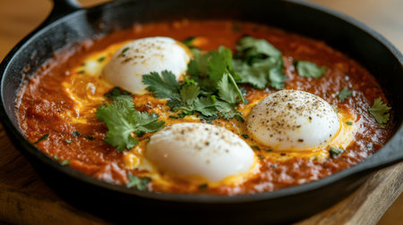 An elegant shakshuka with poached eggs nestled in a spicy tomato sauce, garnished with fresh cilantro and served in a cast-iron skillet.の素材
