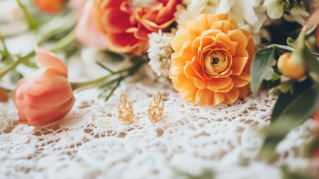A pair of dainty gold earrings lying on a white lace tablecloth, surrounded by fresh flowers.の素材