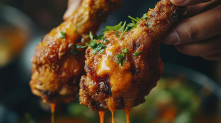 A close-up of a fried chicken drumstick held by a hand, dripping with sauce and garnished with fresh herbs.の素材