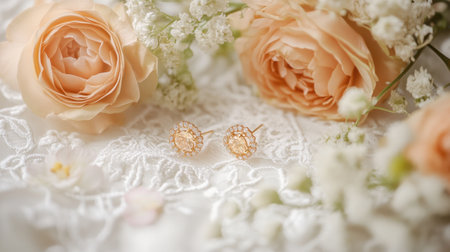 A pair of dainty gold earrings lying on a white lace tablecloth, surrounded by fresh flowers.の素材