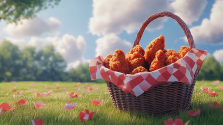 A playful arrangement of fried chicken pieces in a picnic basket, ready to be shared among friends.の素材