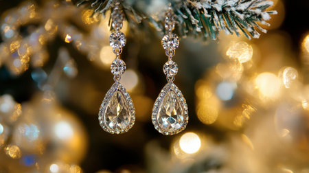A stunning close-up of crystal drop earrings hanging from a jewelry tree.の素材