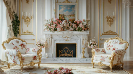 A sophisticated princess living room with luxurious armchairs, floral decor, and a marble fireplace.の素材