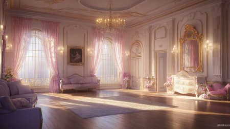 A spacious princess living room filled with light, featuring soft cushions, lace curtains, and a regal chandelier.の素材