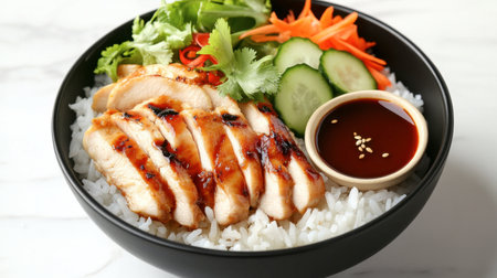 A satisfying bowl of steamed rice topped with chicken slices, garnished with fresh vegetables and a flavorful sauce on the side.の素材
