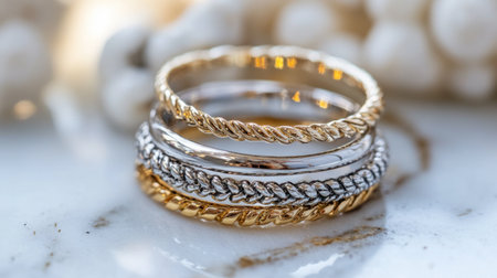 A stylish stack of silver and gold rings, displayed on a marble surface to highlight their shine.の素材