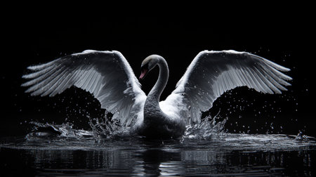 A swan majestically stretching its wings after a swim, droplets of water splashing around.の素材