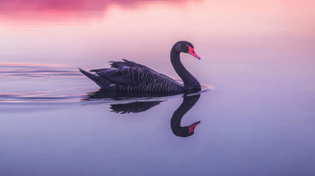 A stunning black swan swimming on a lake, its reflection shimmering in the clear water.の素材