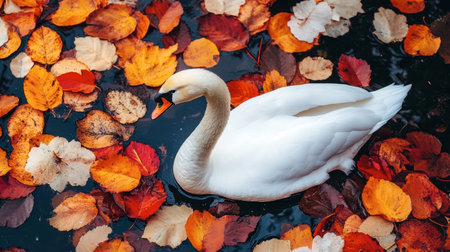 A stunning white swan surrounded by colorful autumn leaves, creating a picturesque scene on a lake.の素材
