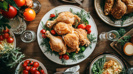 A stylish table setting featuring fried chicken served on elegant dishes with fresh vegetables and herbs for garnish.の素材