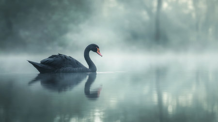 A stunning black swan swimming on a lake, its reflection shimmering in the clear water.の素材