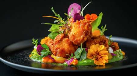 A vibrant and inviting fried chicken dish served with seasonal vegetables, emphasizing freshness and flavor.の素材